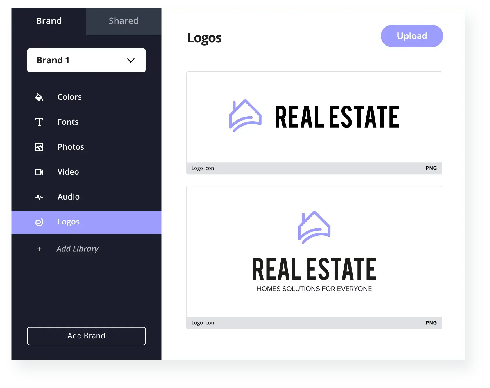 Brand asset library organized for a real estate team